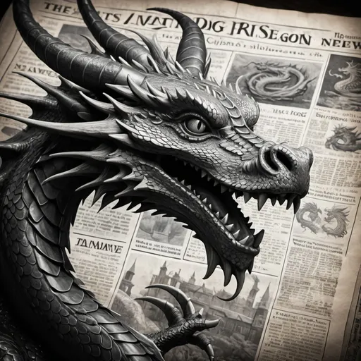 Prompt: (artistic concept of a dragon newspaper), mythical dragon illustrations in grayscale, (detailed layout), vintage newspaper aesthetics, bold headlines, intricate textures, featuring fantastical news stories, artistic embellishments, captivating illustrations of dragons, (high-quality printing), whimsical ambiance, old-world charm, engaging and narrative-driven.