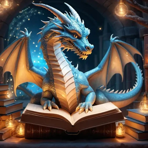 Prompt: (book dragon), (majestic dragon entwined with spiral books), ethereal glow, symbolizing intelligence, fantasy style, ultra-detailed, inviting ambiance, mystical landscape, warm colors blending with soft blue tones, enchanting atmosphere, imaginative scene for a captivating Facebook cover image, extraordinary details and textures.