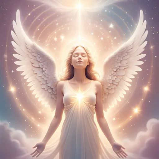 Prompt: (angel reiki), ethereal healing light, soft pastel color palette, gentle and serene ambiance, celestial background with shimmering stars, warm glow surrounding an angelic figure floating, tranquil expressions, embracing flow of energy, delicate features, serene atmosphere, spiritual healing vibes, ultra-detailed, high resolution, creating a sense of peace and comfort.