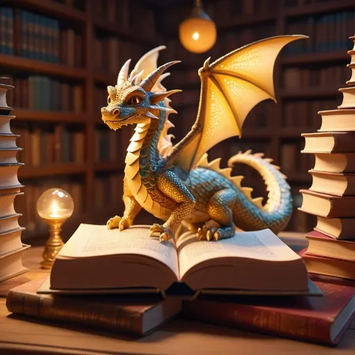 Prompt: (book dragon), magical creature, intricately designed scales resembling book pages, lively and whimsical pose, surrounded by floating books, whimsical library background, warm golden light illuminating the scene, cozy and inviting atmosphere, high detail, 4K, vibrant colors, enchanting ambiance, a sense of joy and curiosity.