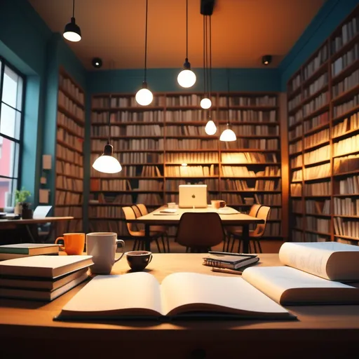 Prompt: (central concept: brainstorming projects involving books), illuminated workspace, scattered books, sketches on a table, vibrant color palette, warm lighting, creative atmosphere, diverse ideas, focused expressions, notebooks filled with notes, coffee cup, inspiring background of a cozy library, ultra-detailed, high quality 4K.