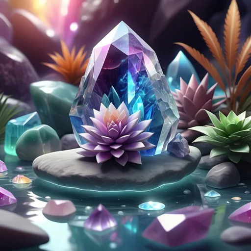 Prompt: (crystal therapy treatment), serene atmosphere, healing vibes, vibrant and iridescent colors from various crystals, soft and calming light, detailed crystals with intricate patterns, a peaceful setting with natural elements, such as gentle plants and flowing water, meditative ambiance, ultra-detailed, 4K resolution.