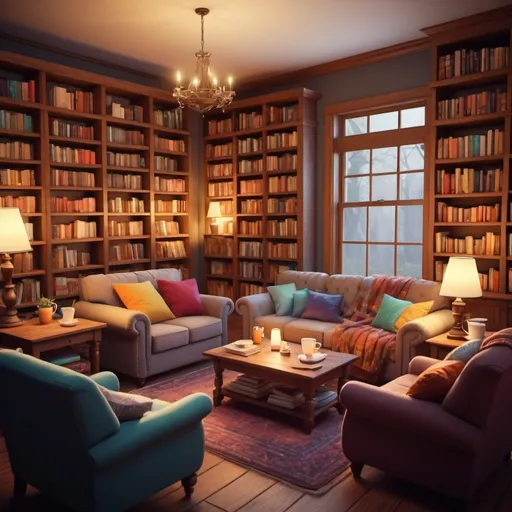 Prompt: (cozy book club setting), warm lighting, inviting ambiance, unique bookshelves filled with diverse literature, plush seating arrangements, scattered cozy blankets, friends engaged in discussion, steaming tea and coffee mugs on a wooden table, (highly detailed), vibrant colors illuminating the space, soft shadows adding depth, (4K) resolution, tranquil atmosphere promoting connection and curiosity.