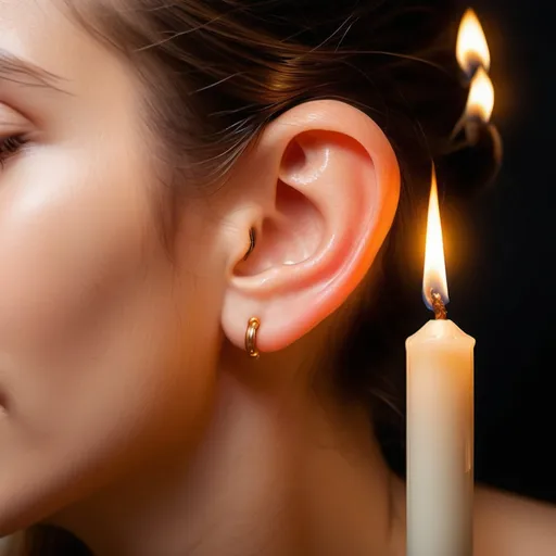 Prompt: candle placed inside ear, show image of candle inside the ear, long candle, person is calm and relaxed laid on one side