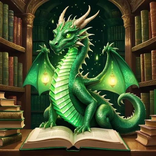 Prompt: (book dragon), a majestic creature made of ancient books and scrolls, intricate details on its scales resembling literature, vibrant emerald green tones, surrounded by floating, glowing words, magical glow emanating from its eyes, a whimsical library background with towering bookshelves and soft warm lighting, enchanting atmosphere, timeless elegance, ultra-detailed, high quality illustration.