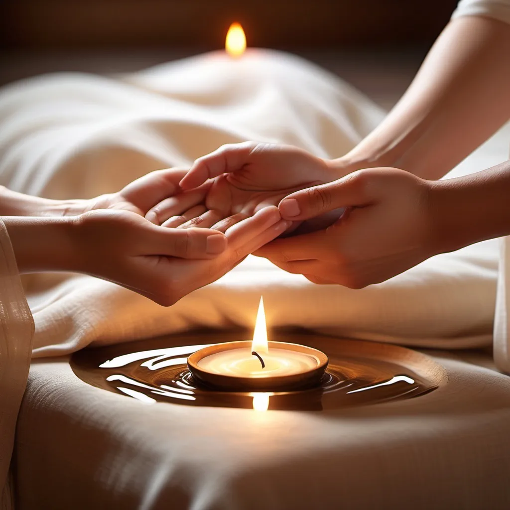 Prompt: (reiki treatment), serene energy healing session, hands gently emanating a warm, glowing light, peaceful ambiance, soft muted colors, tranquil environment with soothing elements like flowing water and soft fabrics, HD, ultra-detailed, capturing a clear sense of relaxation and spiritual harmony, evoking a sense of calm and well-being through gentle lighting and harmonious composition.