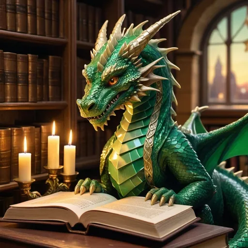 Prompt: (portrait of a book dragon), majestic dragon intertwined with ancient books, bright emerald green scales shimmering under soft golden light, cozy library background filled with towering bookshelves, atmosphere of wonder and magic, highly detailed scales and features, candles casting flickering shadows, (ultra-detailed), enchanting scene, perfect fantasy aesthetic.