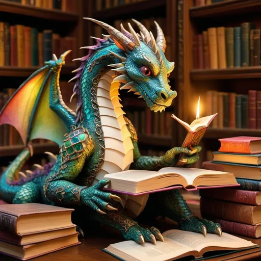 Prompt: (book dragon), a wise dragon entwined among whimsical, oversized books, (fantastical), warm glowing light illuminating ancient texts, intricate details of scales reflecting vibrant jewel tones, cozy library setting, scattered parchment and quills, ethereal atmosphere suggesting endless knowledge, (highly detailed), captivating and enchanting.