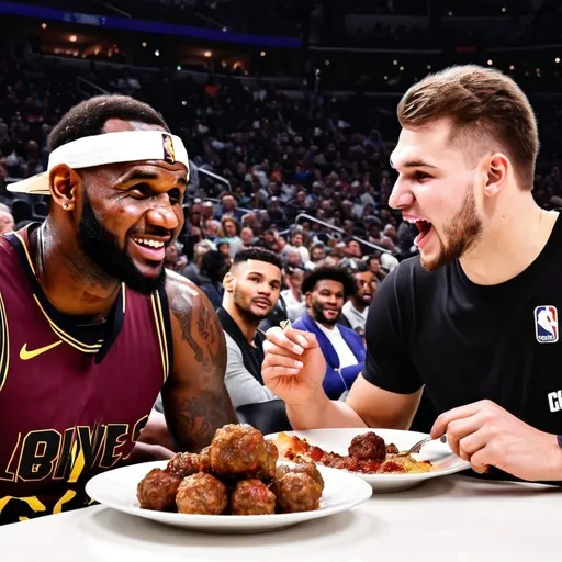 Prompt: luka doncic eating meatballs with lebron and a crackhead 