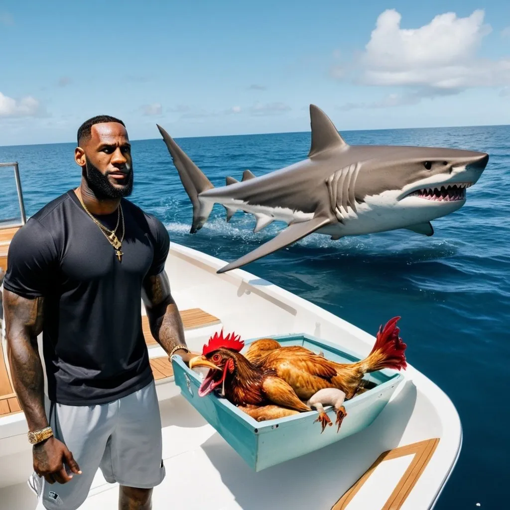 Prompt: lebron james holding a killer shark in a boat made from water and a chicken roaming  around on the ocean next to the boat