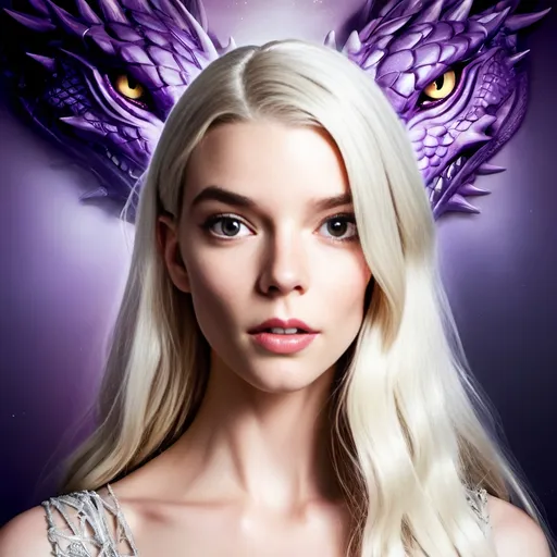 Prompt: Anya Taylor-Joy as Daenerys Targaryen, ethereal and powerful, long flowing silver-blonde hair, strikingly vibrant purple eyes, wearing a detailed white and silver gown, emanating an aura of majesty, surrounded by passion and fire, soft mystical lighting enhancing the magical scene, intricate backgrounds of dragons seamlessly integrated, ultra-detailed, captivating and enchanting atmosphere.