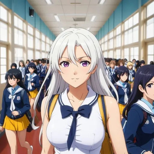 Prompt: In the bustling halls of an anime high school, a unique figure, wearing a swim suit , out among the sea of students. A schoolgirl with striking white hair, her presence commands attention as she navigates the corridors with a sense of confidence and grace, her white hair symbolizing her distinctiveness in a world of vibrant colors, action stance