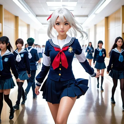 Prompt: In the bustling halls of an anime high school, a unique figure, wearing a sailor suit uniform , out among the sea of students. A schoolgirl with striking white hair, her presence commands attention as she navigates the corridors with a sense of confidence and grace, her white hair symbolizing her distinctiveness in a world of vibrant colors, action stance