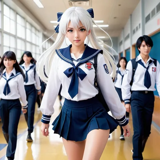 Prompt: In the bustling halls of an anime high school, a unique figure, wearing a sailor suit uniform , out among the sea of students. A schoolgirl with striking white hair, her presence commands attention as she navigates the corridors with a sense of confidence and grace, her white hair symbolizing her distinctiveness in a world of vibrant colors, action stance