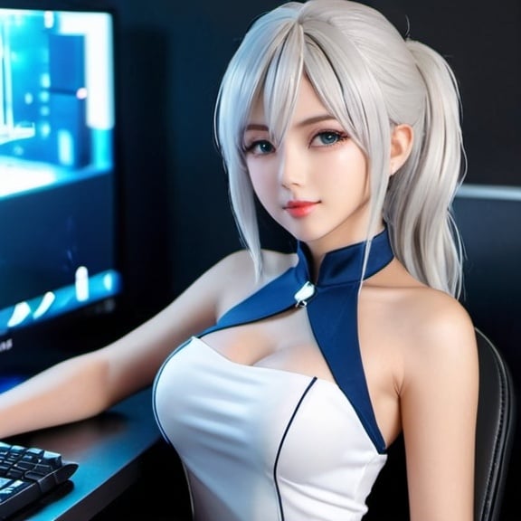 Prompt: (((professional. highly detailed. HD. very high quality. clean. realistic anime. hyper realistic.)))
1girl.
room. in front of computer. ((gamer girl)) water-dress
white hair. (medium length hair:1.5). 
beautiful face. perfect face. pretty face. white skin. blue eyes,lipstick. 
