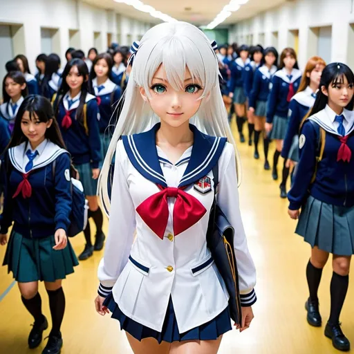 Prompt: In the bustling halls of an anime high school, a unique figure, wearing a sailor suit uniform , out among the sea of students. A schoolgirl with striking white hair, her presence commands attention as she navigates the corridors with a sense of confidence and grace, her white hair symbolizing her distinctiveness in a world of vibrant colors, action stance