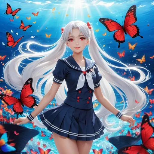 Prompt:  a girl, long white hair , ponytail, red pupils , wearing a sailor suit uniform , out among the sea of butterflies. Her unique standing pose feels like a nostalgia, her presence commands attention as she navigates the air with a sense of confidence and grace, her white hair symbolizing her distinctiveness in a world of vibrant colors, action stance