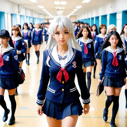 Prompt: In the bustling halls of an anime high school, a unique figure, wearing a sailor suit uniform , out among the sea of students. A schoolgirl with striking white hair, her presence commands attention as she navigates the corridors with a sense of confidence and grace, her white hair symbolizing her distinctiveness in a world of vibrant colors, action stance