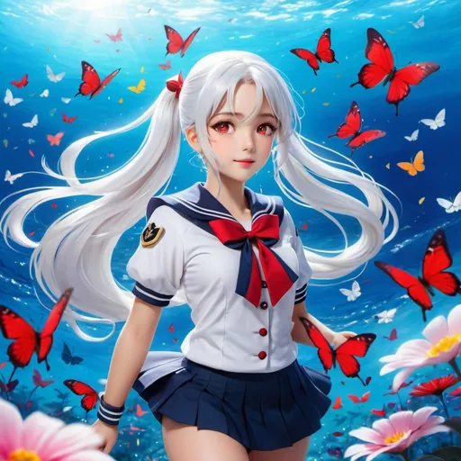 Prompt:  a girl, long white hair , ponytail, red pupils , wearing a sailor suit uniform , out among the sea of butterflies. Her unique standing pose feels like a nostalgia, her presence commands attention as she navigates the air with a sense of confidence and grace, her white hair symbolizing her distinctiveness in a world of vibrant colors, action stance