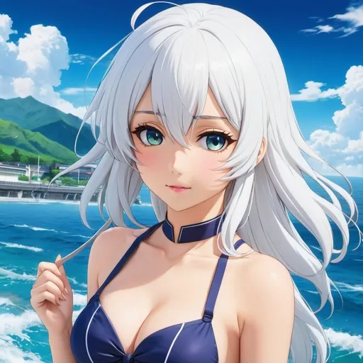 Prompt: In the bustling halls of an anime high school, a unique figure, wearing a swim suit , out among the sea of students. A schoolgirl with striking white hair, her presence commands attention as she navigates the corridors with a sense of confidence and grace. Despite her unconventional appearance, there's an air of mystery about her that intrigues those around her. Perhaps she's the protagonist of a story waiting to unfold, her white hair symbolizing her distinctiveness in a world of vibrant colors.