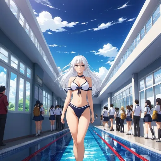 Prompt: In the bustling halls of an anime high school, a unique figure, wearing a swim suit , out among the sea of students. A schoolgirl with striking white hair, her presence commands attention as she navigates the corridors with a sense of confidence and grace. Despite her unconventional appearance, there's an air of mystery about her that intrigues those around her. Perhaps she's the protagonist of a story waiting to unfold, her white hair symbolizing her distinctiveness in a world of vibrant colors, full body view.