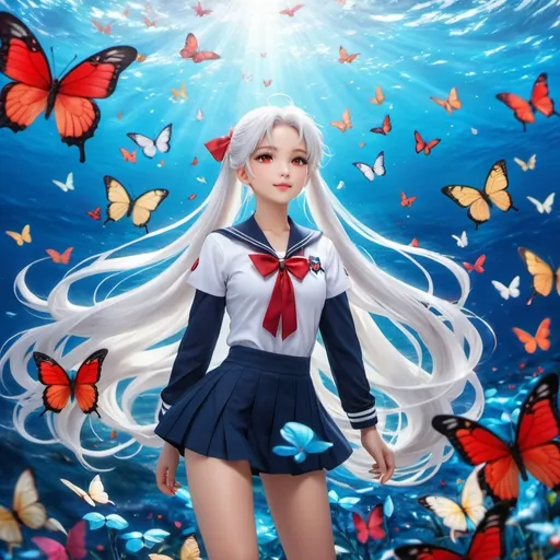 Prompt:  a girl, long white hair , ponytail, red pupils , wearing a sailor suit uniform , out among the sea of butterflies. Her unique standing pose feels like a nostalgia, her presence commands attention as she navigates the air with a sense of confidence and grace, her white hair symbolizing her distinctiveness in a world of vibrant colors, action stance