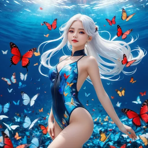 Prompt:  a girl, long white hair , ponytail, red pupils , wearing a transparent and blue water suit , out among the sea of butterflies. Her unique standing pose feels like a nostalgia, her presence commands attention as she navigates the air with a sense of confidence and grace, her white hair symbolizing her distinctiveness in a world of vibrant colors, action stance