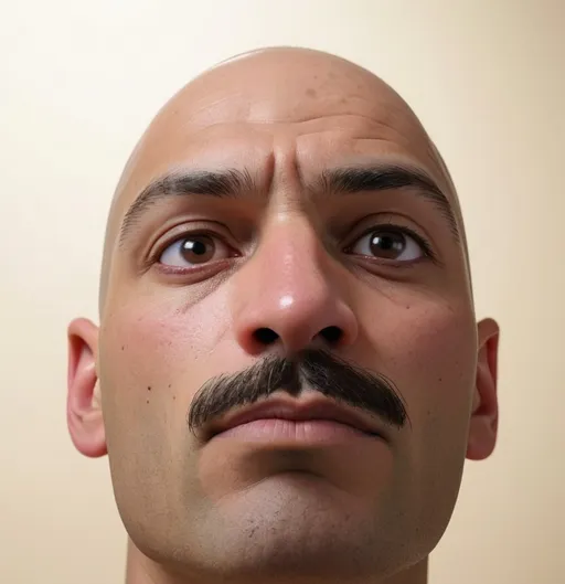 Prompt: The image is a photograph of a close-up, frontal view of a man's face. The man has a dark brown complexion and a bald head with a small patch of hair on his upper lip, forming a mustache. His eyebrows are dark and slightly raised. His eyes are brown and looking directly at the camera, with a neutral expression on his face. His nose is broad and centered, with two small nostrils. His lips are full and slightly closed, showing a subtle, natural pink hue. The background is a plain, light beige color with no visible textures or patterns, suggesting an indoor setting with simple, neutral lighting. The photograph is centered on the man's face, with the upper part of his head and the lower part of his neck just barely visible at the top and bottom edges of the image. The overall composition is simple and focuses entirely on the man's facial features, providing a clear and detailed view of his expression and physical characteristics.