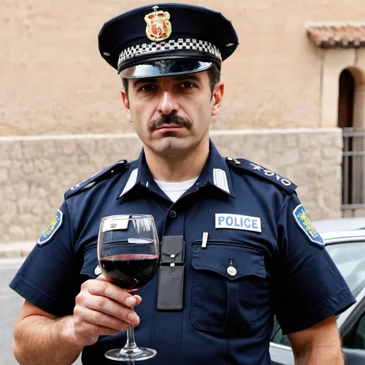 Prompt: A spanish police officer holding a glass of red wine.