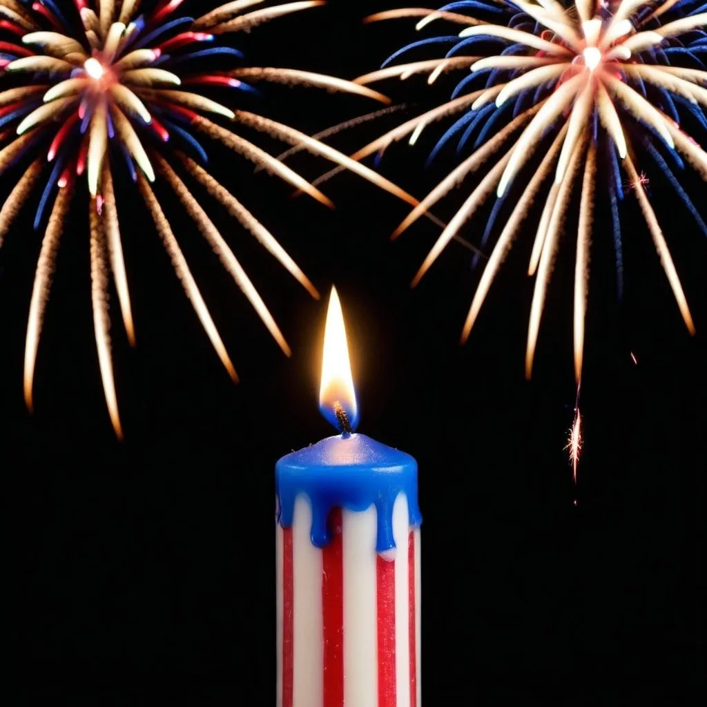 Prompt: red white and blue candle burning with a black background and fireworks