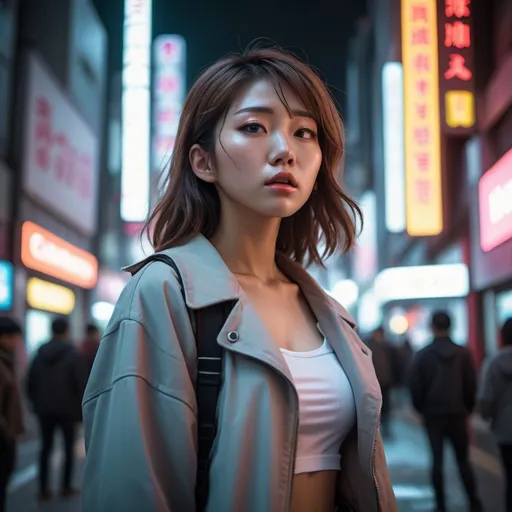 Prompt: a Japanese beauty lost in a cyberpunk city, cinematic neon light, a low-angle front face showing her frustration, people and buildings surrounding her, her full body shot, causal clothing with neon light decorations, cyber lighting shoes, multiple pose, in the style of light gray and light brown, Canon EOS 5D mark iv, Whole body presentation, hallyu, elegant realism, 32k UHD

