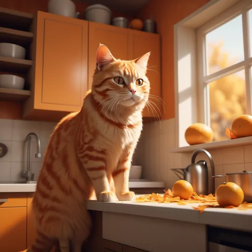 Prompt: @+🌄🏋️‍♂️:A cinematic, realista imagem of a fatura Orange cat with refined features, wielding a kitchen bathed in warm autumm colors. volumetric lighting, film-like composition.