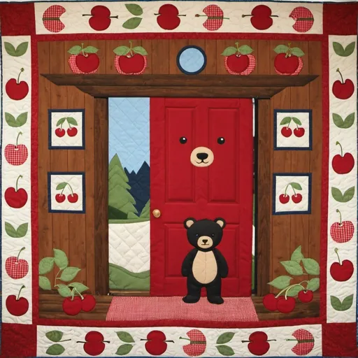 Prompt: cherry, bear, door, quilt,