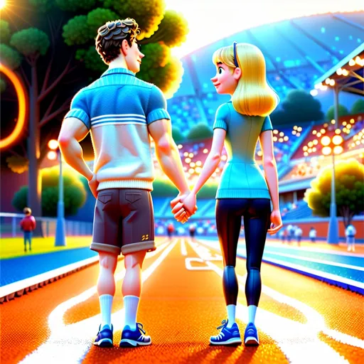 Prompt: Cute-style illustration of a man and woman,standing side by side, a white string tying their adjacent ankles together, on a school running track, warm and romantic lighting, 64k, bokeh, detailed clothing, professional illustration