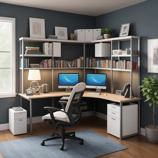 Prompt: A multi storage L shaped desk with enough room two moniters and enough storage for many books