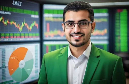 Prompt: Merge the photo of Hojjat Elah Saidi with the green board of the Stock Exchange