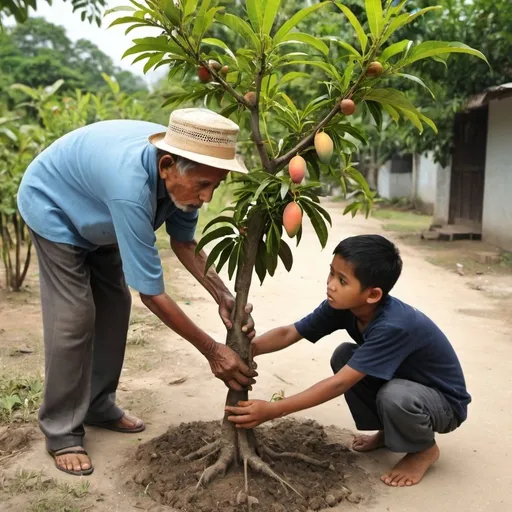 Prompt: Oldman planting small mango tree a young boy is curious to know.