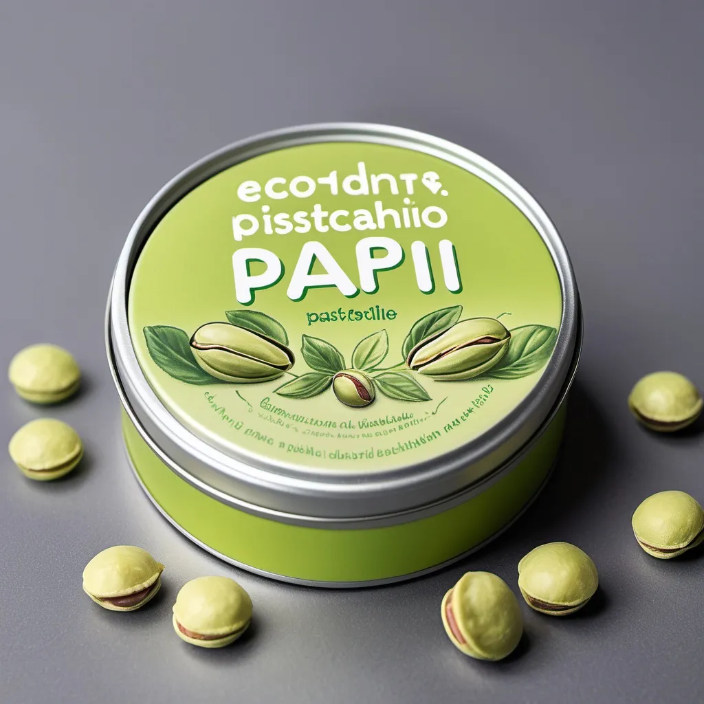 Prompt: create a toothpaste pastille with a tin box where you can see about 50 pastilles with the name pistachio papi from ecodents in German