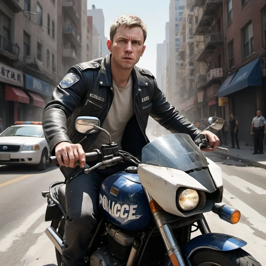 Prompt: A photo realistic picture of a white man with short hair wearing torn clothes on a police motorcycle driving on a city street. The camera is directly above the man.  The man is looking up at something.  The shadow of a dragon can be seen on the street below.