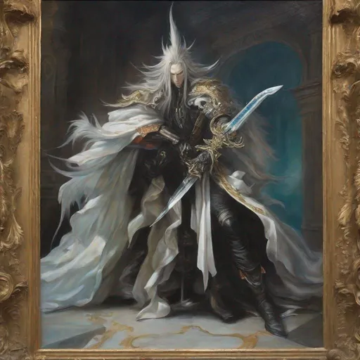 Prompt: Rococo era portrait o sephirot from Final Fantasy 7, holding a sword and tiltig his head downard, oil painting, luxurious