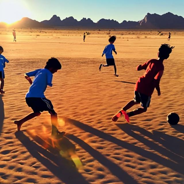 Prompt: Create a picture of kids playing soccer in the desert barefoot.
