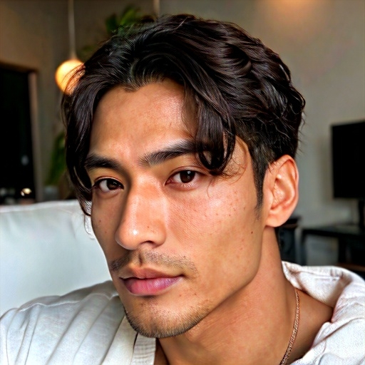 Prompt: Composite face of a 30-year-old Korean man, hyper-realistic, photorealistic, Well-Defined Brow Ridge, deep-set hazel eyes, strong chiseled jawline and chin, short wavy hair, tapering at the back, clean shaven, high cheekbones, symmetrical, subtle contour nose, defined nostrils, defined lips, tanned complexion, high quality, photorealism, detailed features, realistic, symmetrical, hazel eyes, chiseled jawline, wavy hair, stubble, high cheekbones, detailed nose, photorealistic lighting, low light, waist up, house environment, sitting on couch taking a selfie.