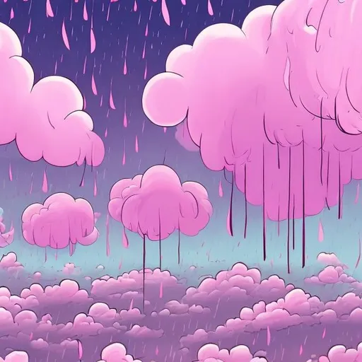 Prompt: Draw a background with pink skies people looking sad raining cotton candy then people eating out of the sky and raining money 


