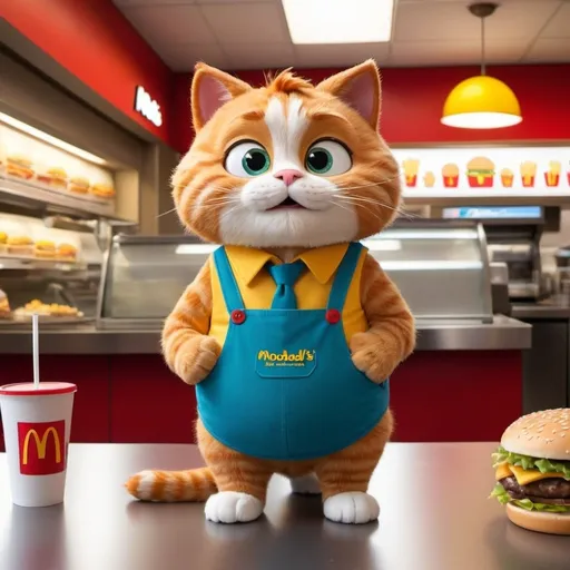 Prompt: Prompt 1: Puffo's Entrance

STYLE DINEYLAND PIXAR-Puffo the adult ginger cat waddled into  modern nice McDonald's with a mischievous glint in his eye and a rumbling tummy. His furry belly jiggled with anticipation as he approached the counter, where the aroma of burgers and fries filled the air.

Scene Setting: Describe Puffo's confident stride into McDonald's, the tantalizing scent of food enveloping him, and the curious glances he receives from both customers and staff.
