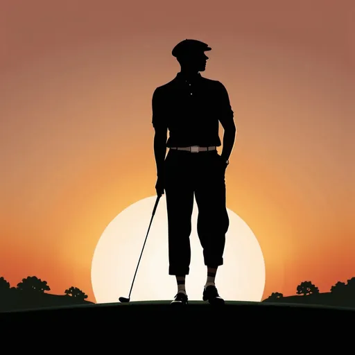 Prompt: solid black Silhouette of a classic 1920's golfer in knicker pants and a newsboy style cap, simple sunset background, vintage logo style, silhouette, retro, sunset tones, simple design, professional, golfing, classic design, atmospheric lighting, backlit golf flag in the background, leave room at top of image for text