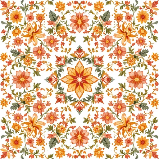 Prompt: Intricate floral patterns dance across a bright white background, showcasing a vivid tapestry of light pink, orange, and green hues. Delicate blossoms and twisting vines create a harmonious and mesmerizing design, with each flower expertly detailed, capturing the eye with its dynamic forms. The composition is symmetrical and kaleidoscopic, drawing the viewer’s attention toward the central star-like motif at the core, as if inviting exploration into its complexity. This decorative style exudes a sense of elegance and cultural richness, reminiscent of traditional tile work, and evokes a serene and harmonious mood in its viewers.