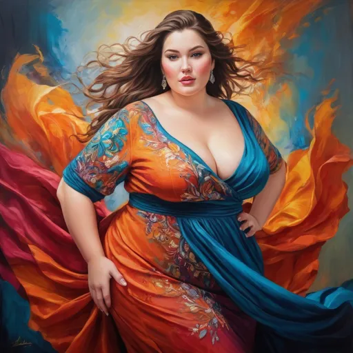 Prompt: Beautiful, plus-sized woman, oil painting, vibrant colors, intricate details, high quality, realistic, elegant, confident pose, flowing attire, rich textures, professional lighting, oil painting, plus-sized, vibrant colors, elegant, realistic, confident, high quality, detailed, professional lighting, flowing attire