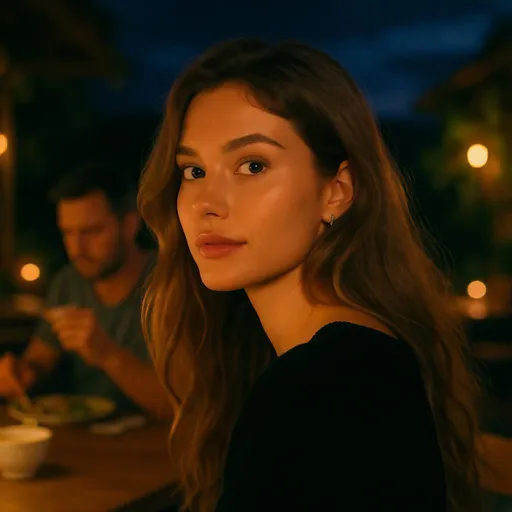 Prompt: Soft, warm evening light bathes the scene, revealing a young woman with long, flowing hair and a contemplative expression, her smooth, fair skin lit subtly by the glow around her. In the background, a casually dressed man is engrossed in his meal, contributing to the casual atmosphere of an outdoor dining space, where the night sky deepens into darkness. The composition captures the woman in a slight angle, allowing a glimpse of her sharp features and full lips, exuding a gentle yet intriguing presence. Illuminated lamps create a cozy ambiance, accentuating the relaxed mood of the gathering as shadows dance around the edges of the frame. The image conveys an intimate moment, blending personal reflection with the vibrant social tapestry just beyond her gaze.