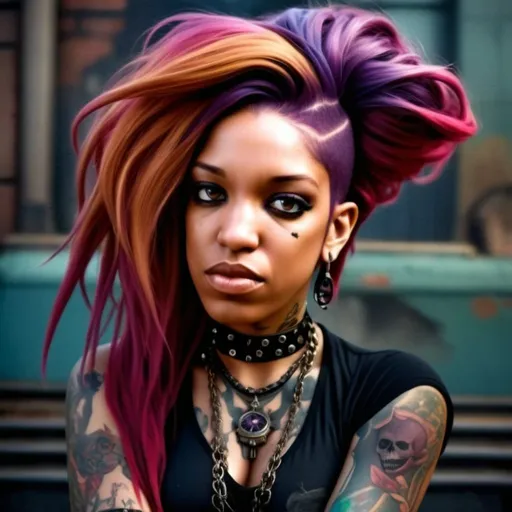Prompt: The image features a woman with purple hair. It depicts a caramel complexsion woman with a gothic style, including fashion accessories and a Gothic symbolism tattoo. Hyper realistic photo quality dynamic colors. 