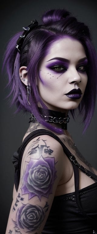 Prompt: The image features caramel complexsion  woman with purple hair. It depicts a person with a gothic style, including fashion accessories and a tattoo. She wears Black lipstick, Gothic style makeup, black nail polish, hyper realistic photo quality dynamic colors